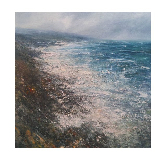100x100cm Mixed Media on Canvas Northerly Gale, Clodgy Point, St Ives, Cornwall. £1950.n